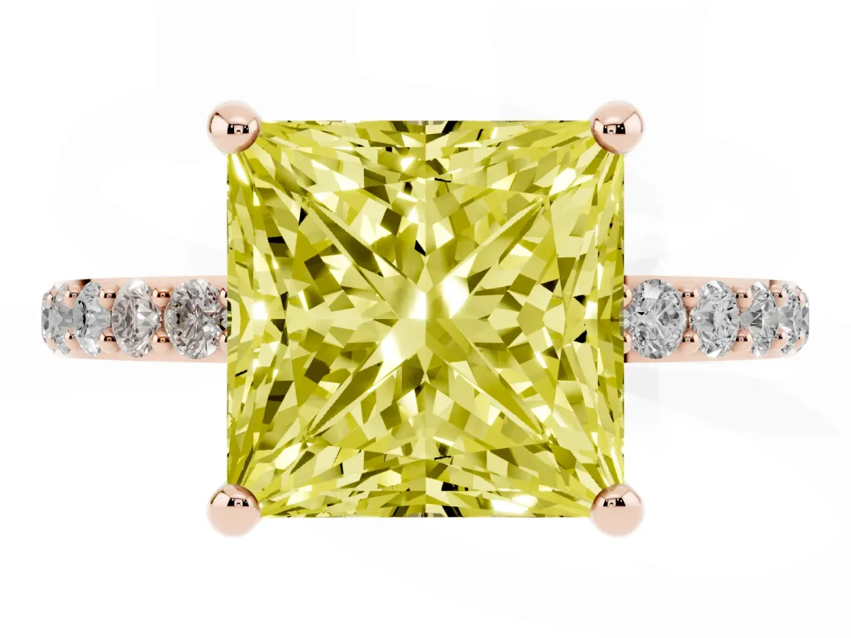 Fancy Yellow Princess Cut Diamond Solitaire Ring with Round Pavé Band and Prong Setting Rose gold
