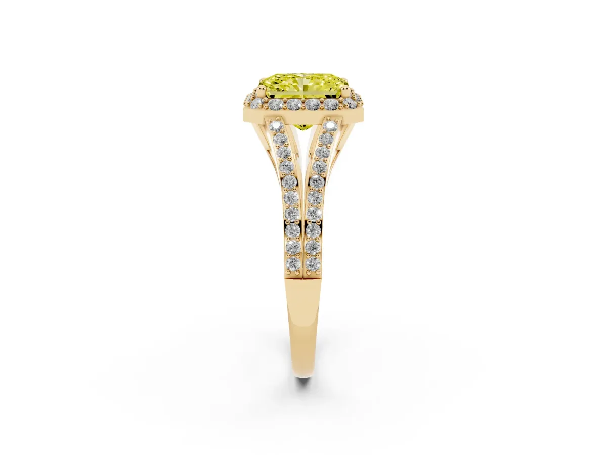 Fancy Yellow Radiant Cut Halo Split Shank Pave Diamond Ring with Four-Prong Setting Yellow gold
