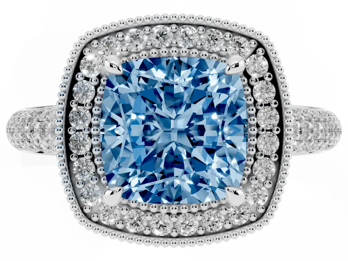 Fancy Blue Cushion Cut Cut Halo Diamond Pave Band with Four-Prong Setting Silver