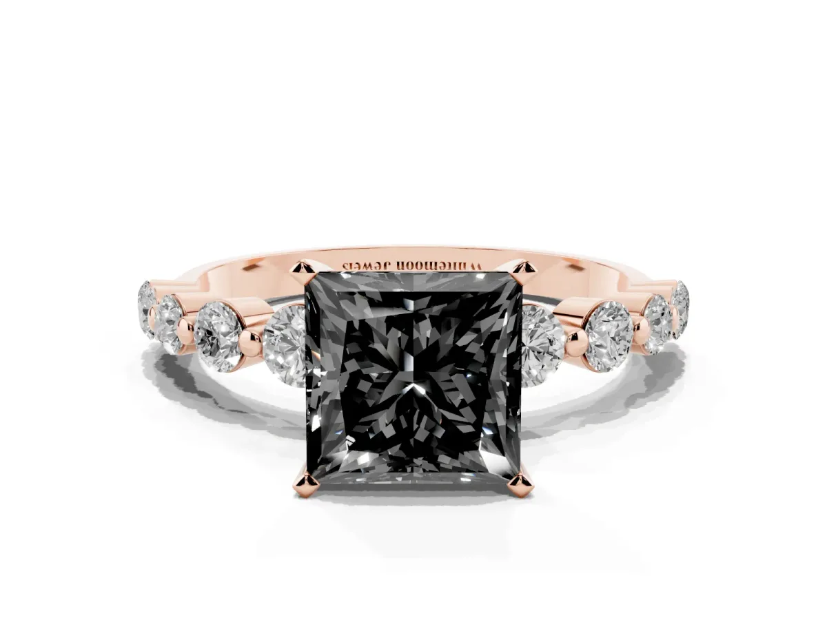 Fancy Black Princess Cut Solitaire Diamond Ring with Pave Band and Four-Prong Setting Rose gold