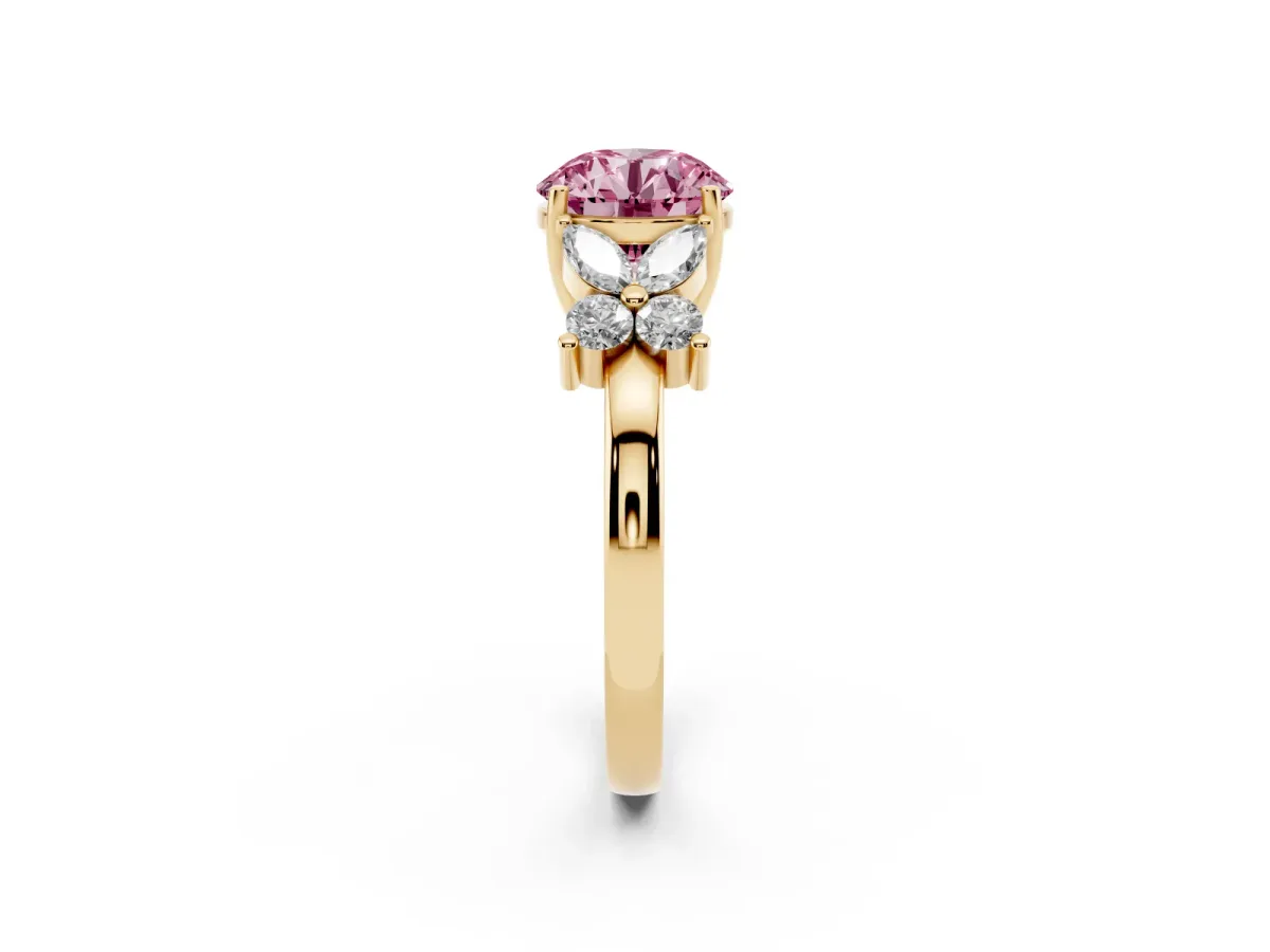 Fancy Pink Round Cut Diamond Floral Cluster Ring with Solitaire Band and Prong Setting Yellow gold