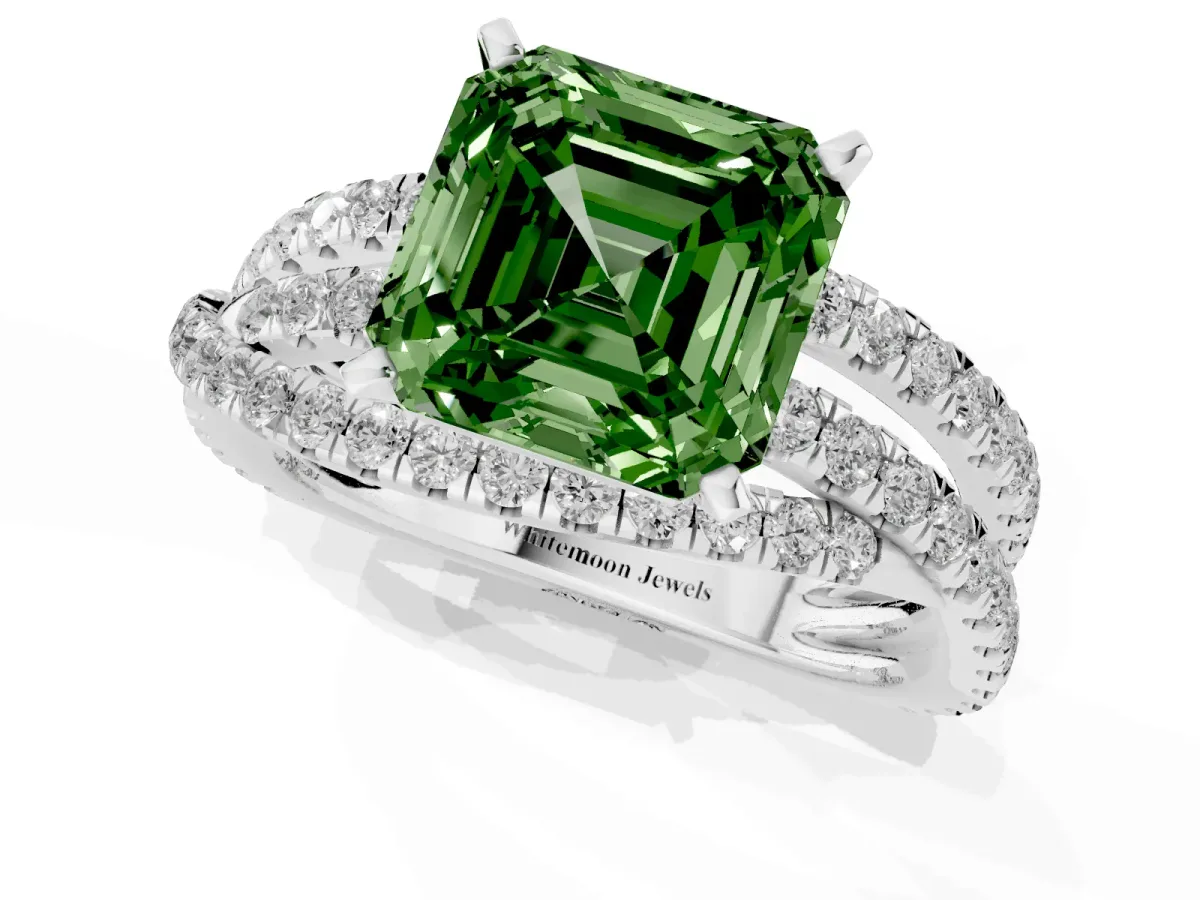 Fancy Green Asscher Cut Solitaire Twist Band with Pavé Setting and Four-Prong Setting Silver