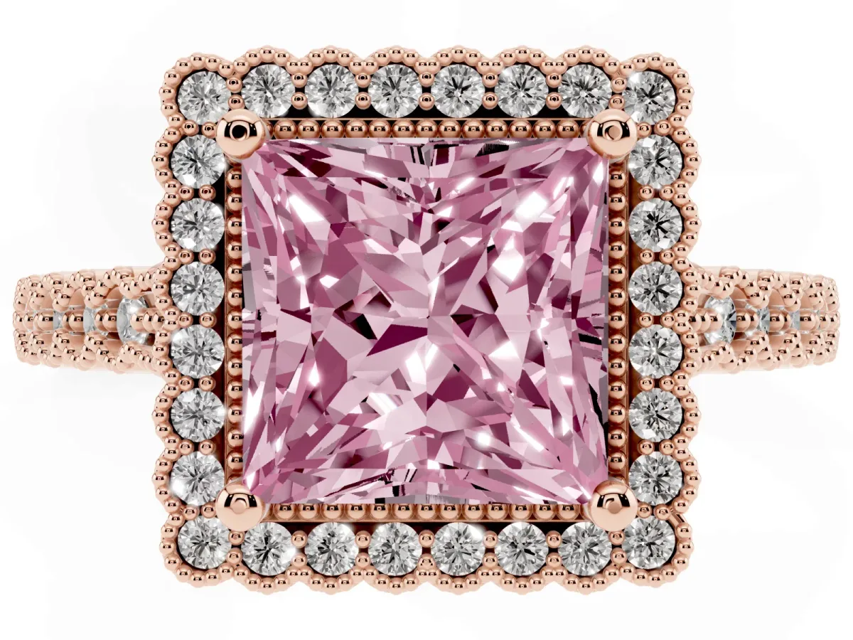 Fancy Pink Princess Cut Cut Halo Pavé Solitaire Ring with Milgrain Band Rose gold
