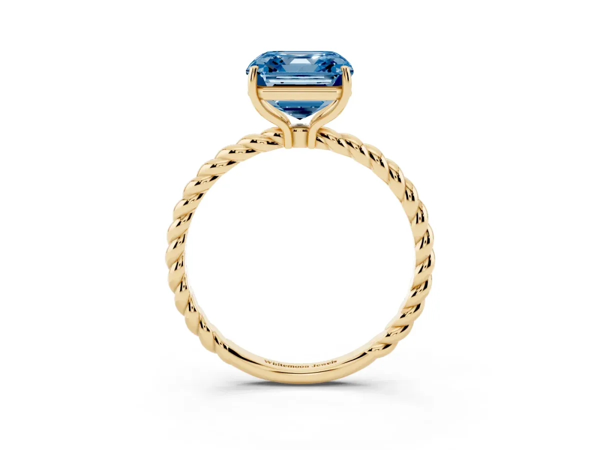Fancy Blue Asscher Cut Solitaire Twisted Band 4-Prong Ring Yellow gold