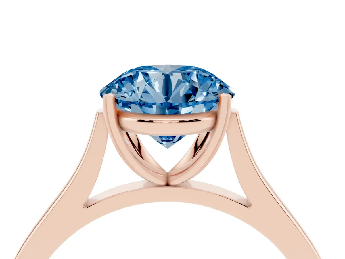 Fancy Blue Round Cut Solitaire Heart Prong Engagement Ring with Tapered Band Rose gold