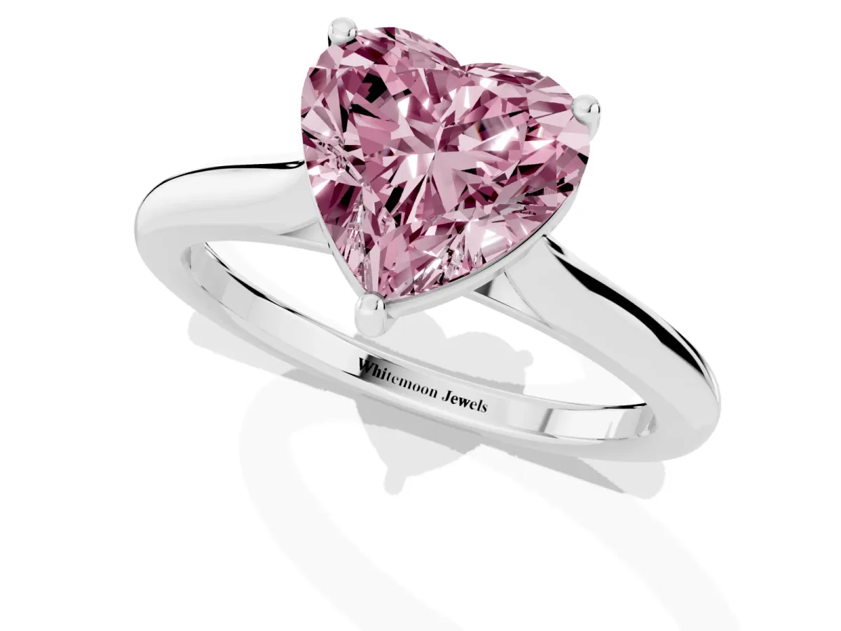 Fancy Pink Heart Cut Cut Solitaire Ring with Cathedral Band and Four-Prong Setting Silver