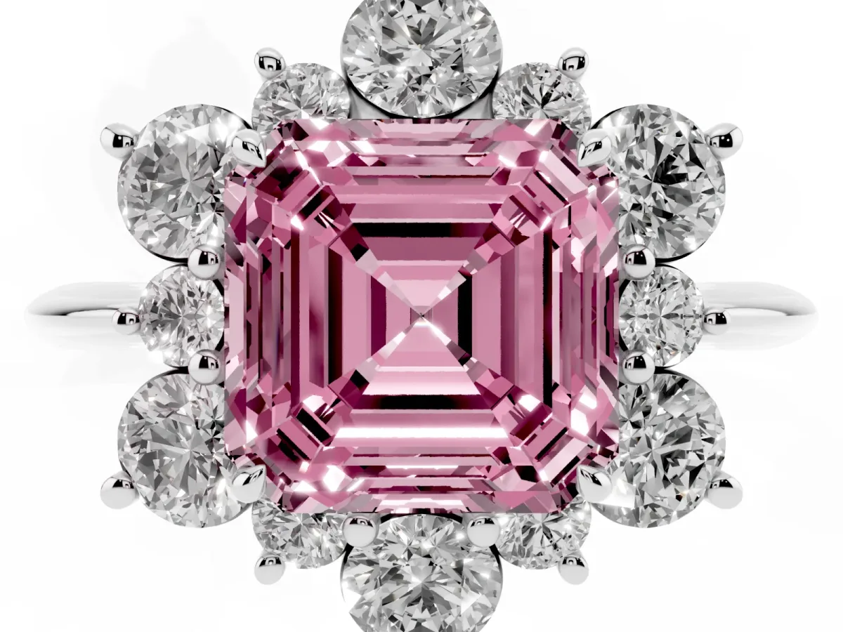 Fancy Pink Asscher Cut Diamond Cluster Halo Ring with Solitaire Band and Four-Prong Setting Silver