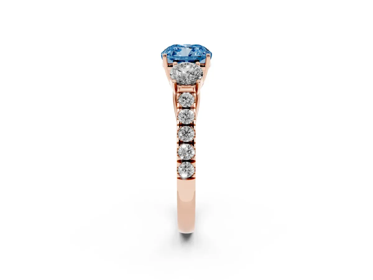 Fancy Blue Cushion Cut Cut Diamond Three-Stone Ring with Round Side Stones and Pavé Band Rose gold