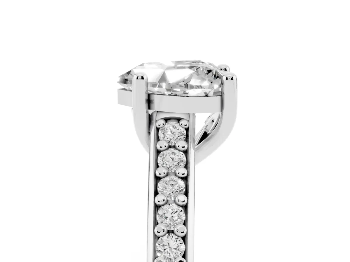 Heart Cut Solitaire Prong Set Diamond Engagement Ring with Pave Band Silver