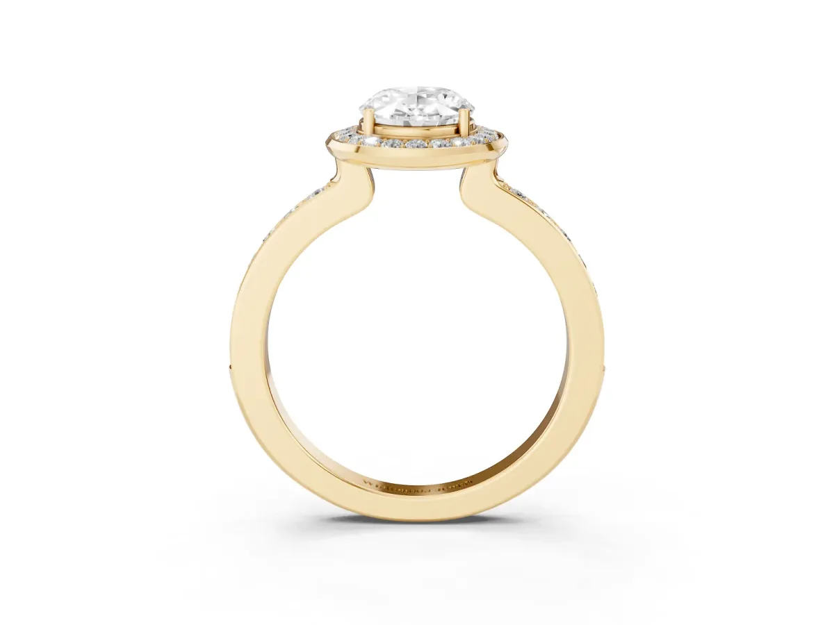 Oval Cut Diamond Halo Ring with Bezel Frame and Pavé Band Yellow gold