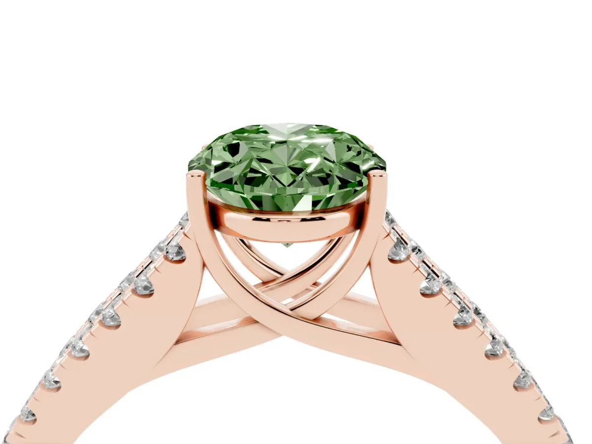 Fancy Green Oval Cut Diamond Split Shank Pavé Engagement Ring with Four-Prong Setting Rose gold