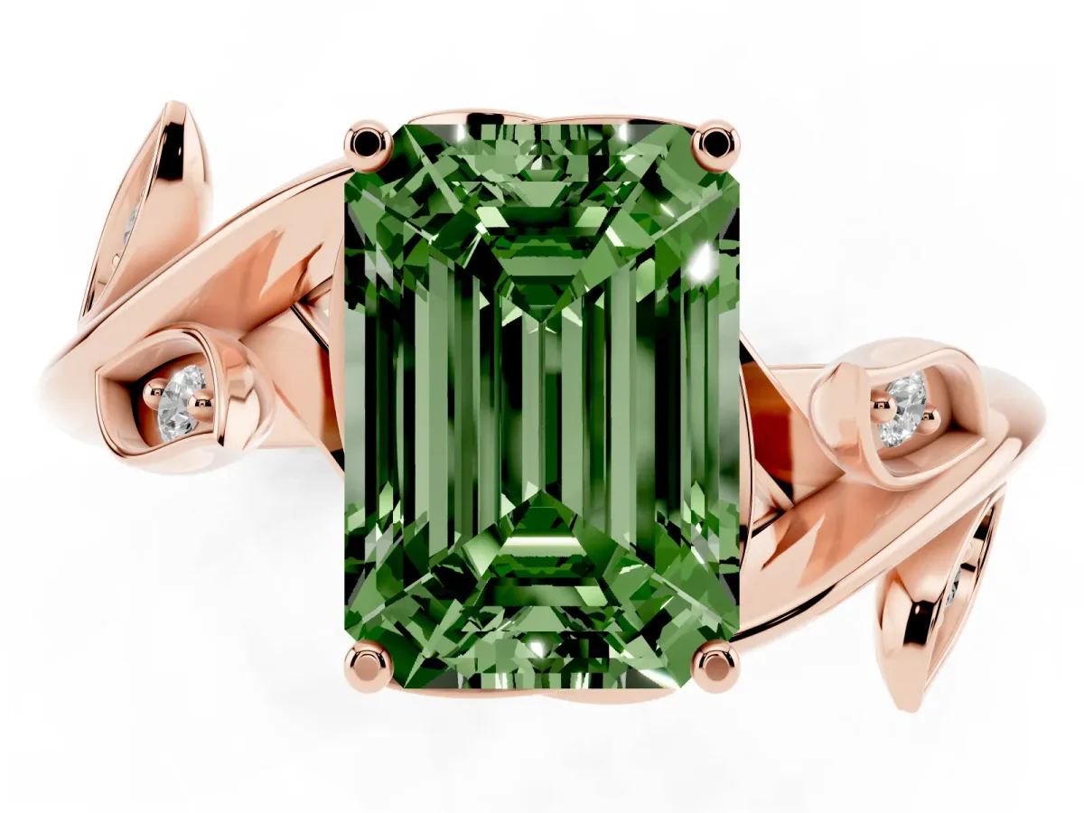 Fancy Green Emerald Cut Solitaire Twist Engagement Ring with Leaf Accents and Prong Setting Rose gold