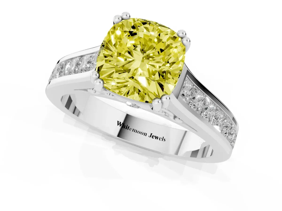 Fancy Yellow Cushion Cut Cut Channel Set Solitaire Engagement Ring with Prong Setting Silver