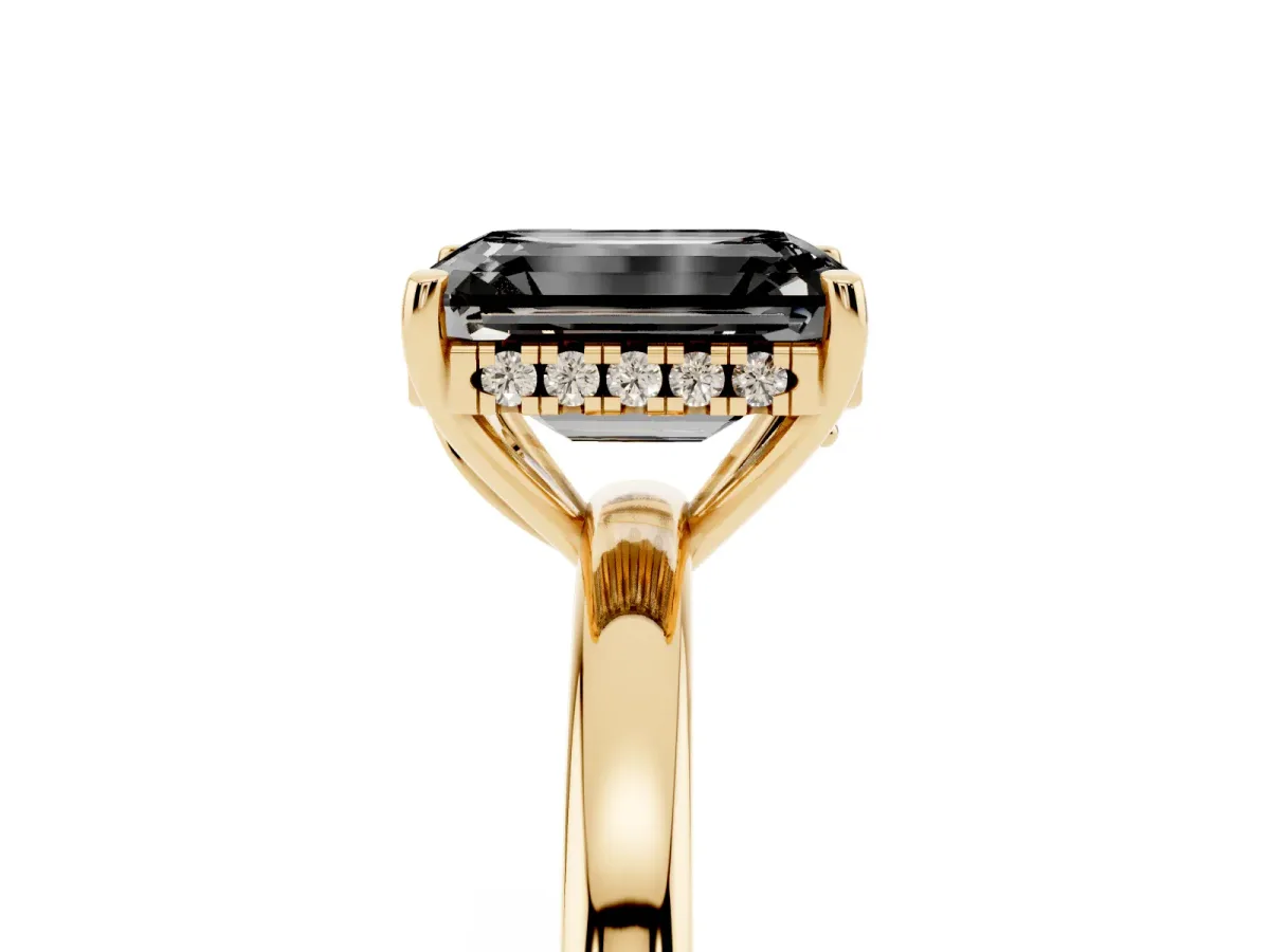 Fancy Black Emerald Cut Solitaire Diamond Ring with Prong Setting and Plain Band Yellow gold