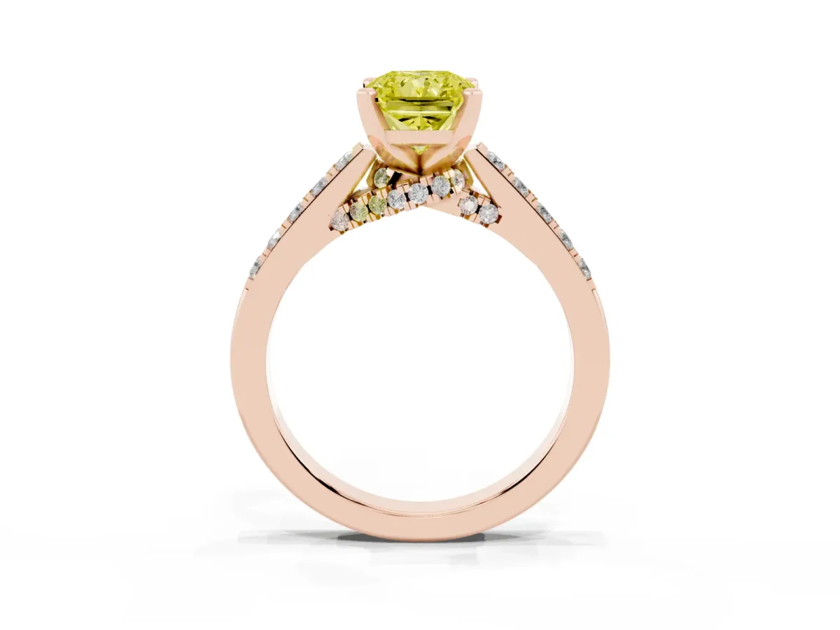 Fancy Yellow Radiant Cut Diamond Solitaire Ring with Crossover Gallery and Round Pavé Band Rose gold