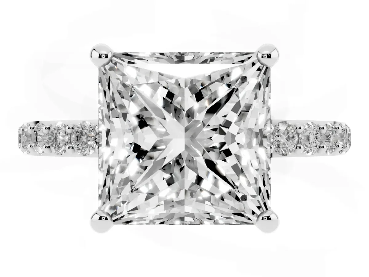 Princess Cut Diamond Solitaire Ring with Round Pavé Band and Prong Setting Silver