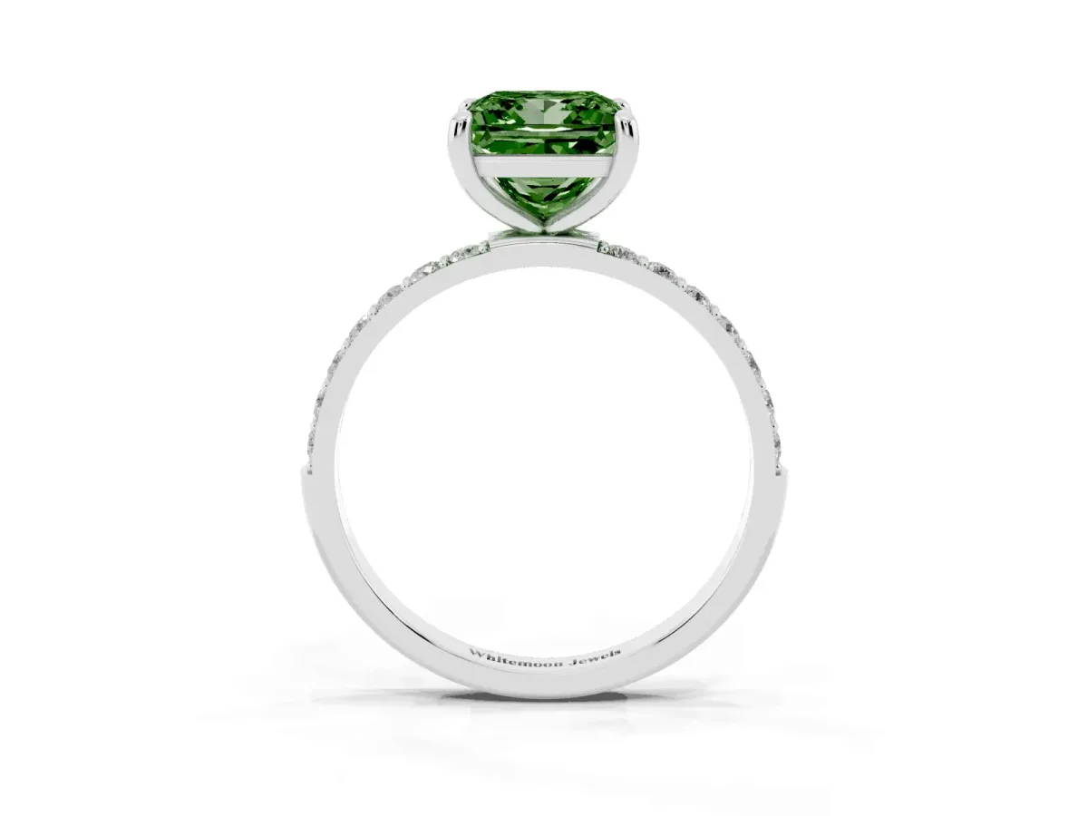 Fancy Green Princess Cut Diamond Solitaire Ring with Round Pavé Band and Prong Setting Silver