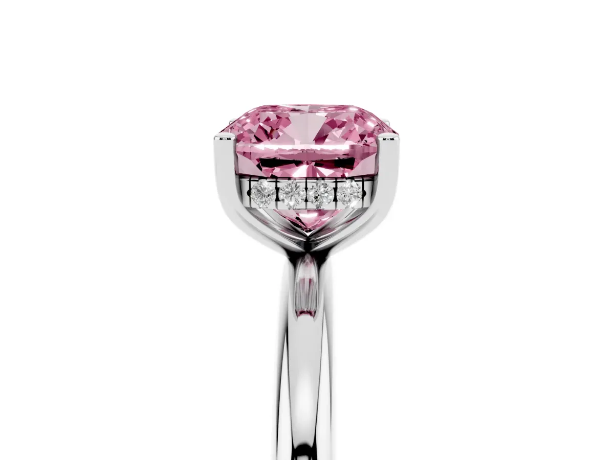 Fancy Pink Cushion Cut Cut Solitaire Engagement Ring with Four-Prong Setting and Classic Band Silver