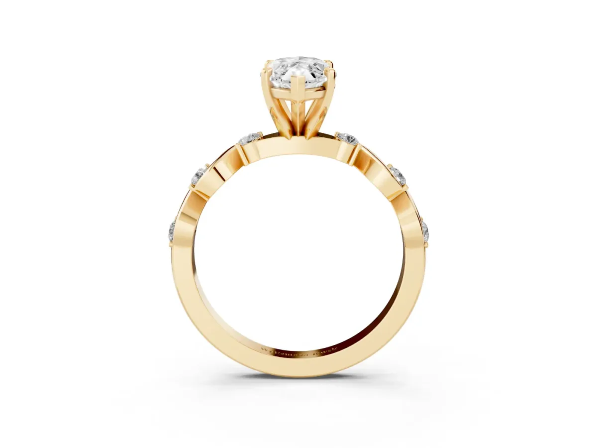 Marquise Cut Diamond Solitaire Twisted Band with Round Accents and Prong Setting Yellow gold