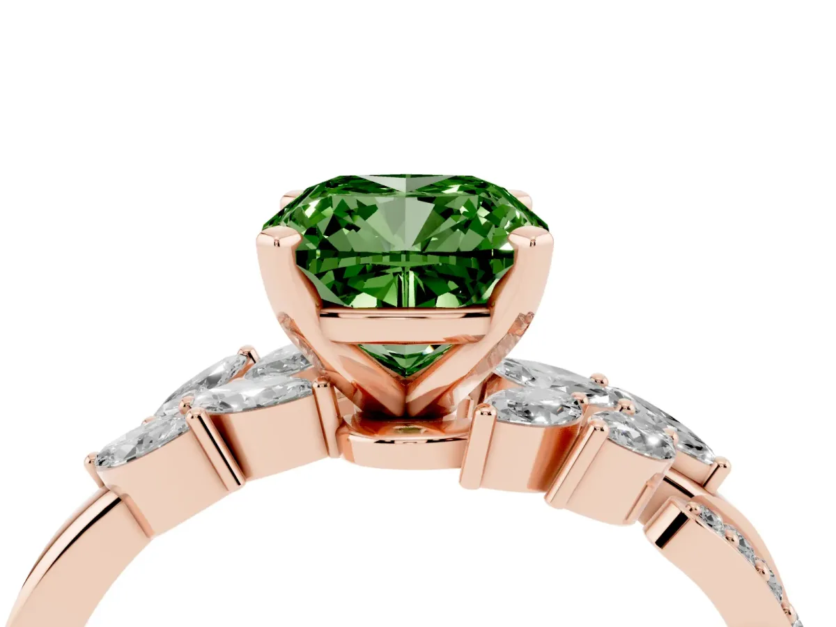 Fancy Green Cushion Cut Solitaire Marquise Twist Band with Six-Prong Setting Rose gold