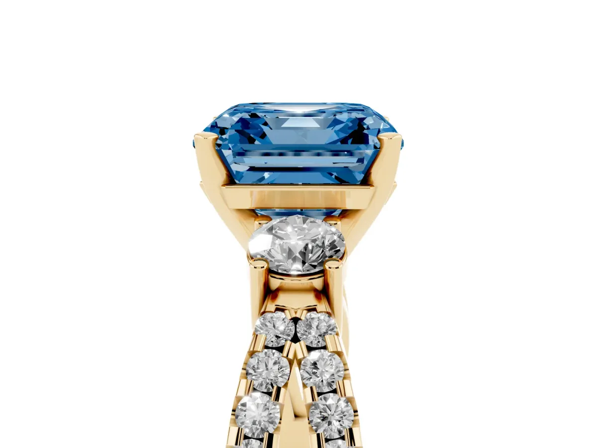 Fancy Blue Asscher Cut Diamond Three-Stone Ring with Pavé Split Shank and Four-Prong Setting Yellow gold