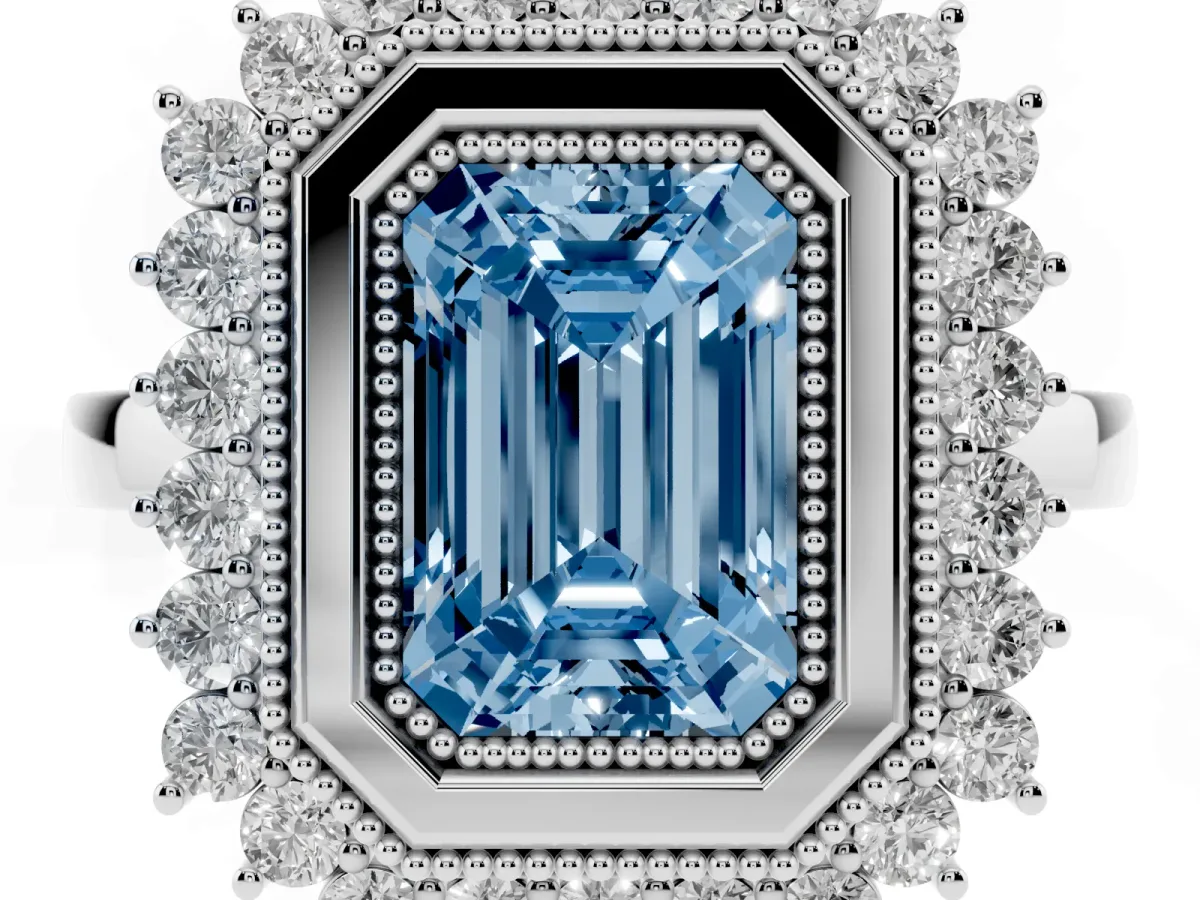 Fancy Blue Emerald Cut Halo Diamond Ring with Milgrain Edge and Round Prong Setting Platinum