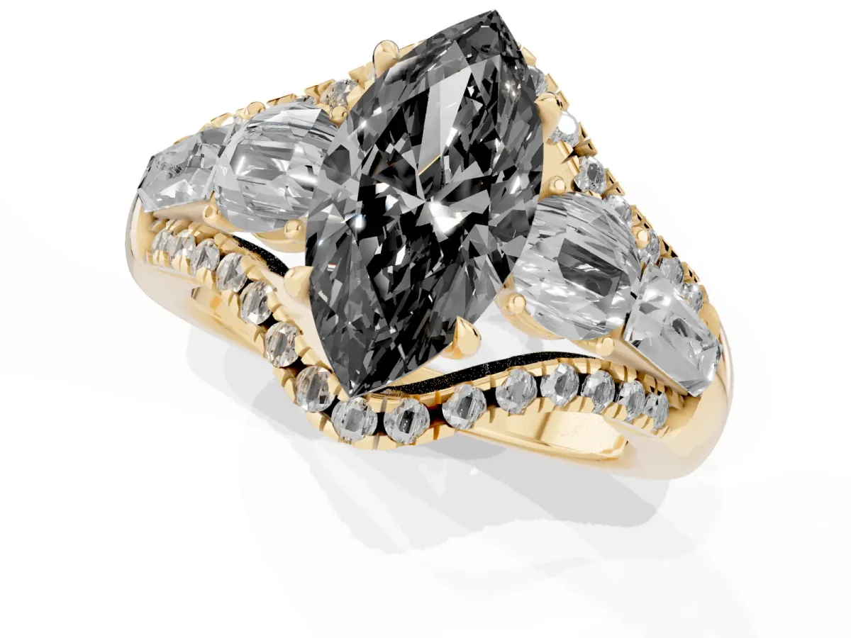 Fancy Black Three-Stone Marquise Cut Diamond Engagement Ring with Pave Band and Prong Setting Yellow gold