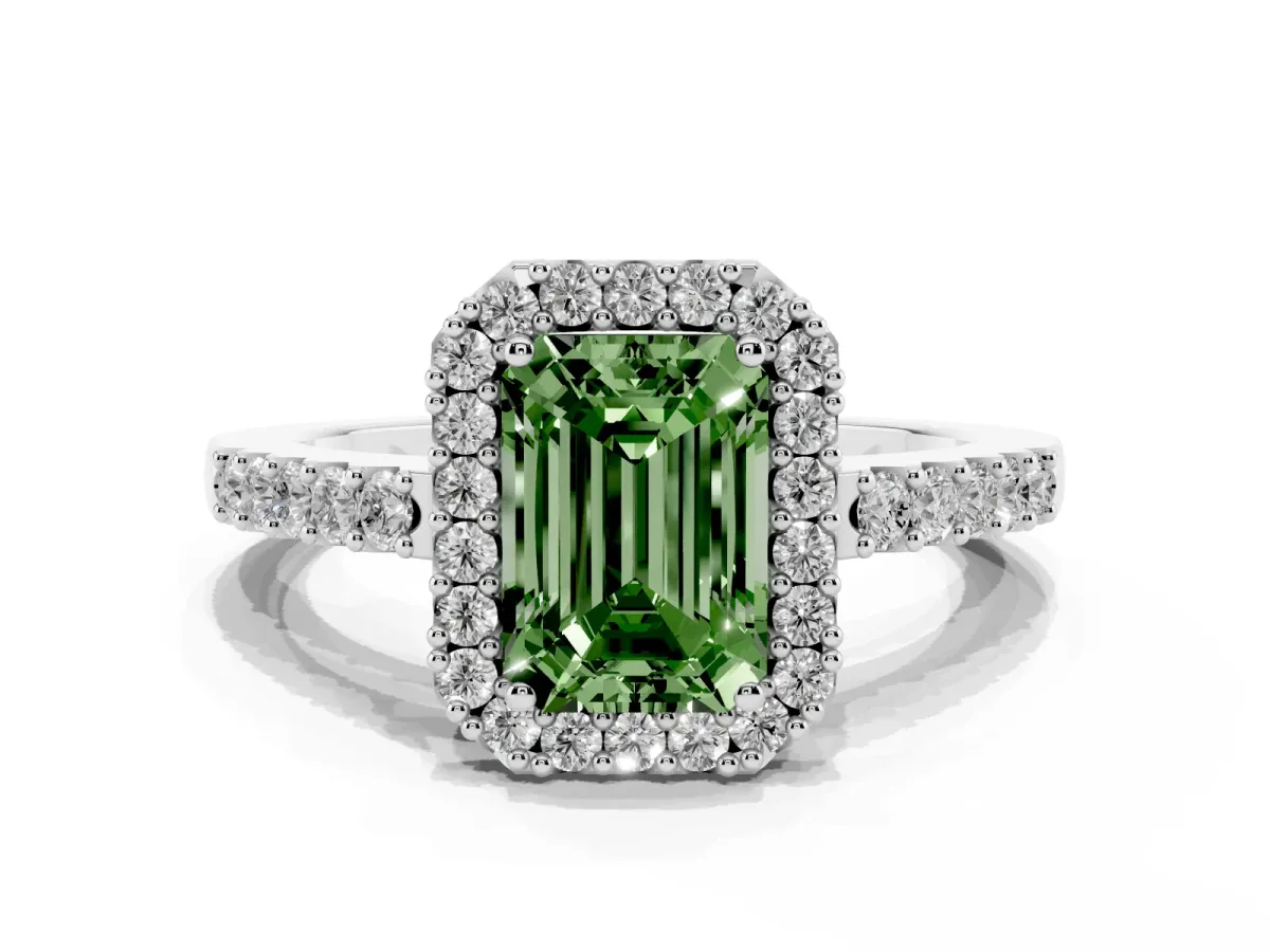 Fancy Green Emerald Cut Halo Diamond Pavé Solitaire Ring Silver