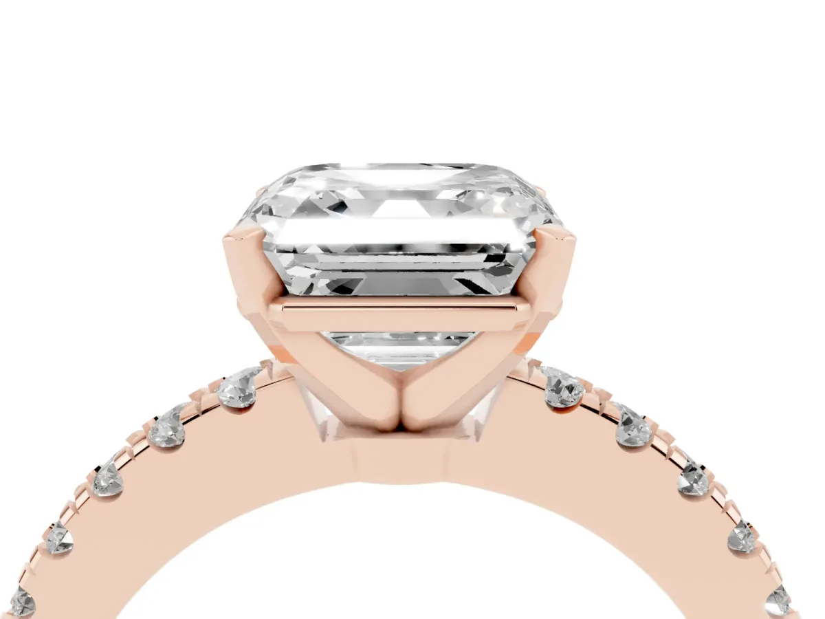 Asscher Cut Solitaire Diamond with Pavé Band and Four-Prong Setting Rose gold