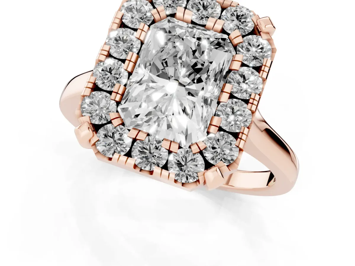 Radiant Cut Diamond Cluster Halo Solitaire with Four-Prong Setting Rose gold