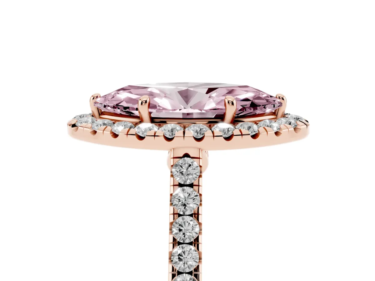Fancy Pink Marquise Cut Halo Pave Diamond Engagement Ring with Four-Prong Setting Rose gold