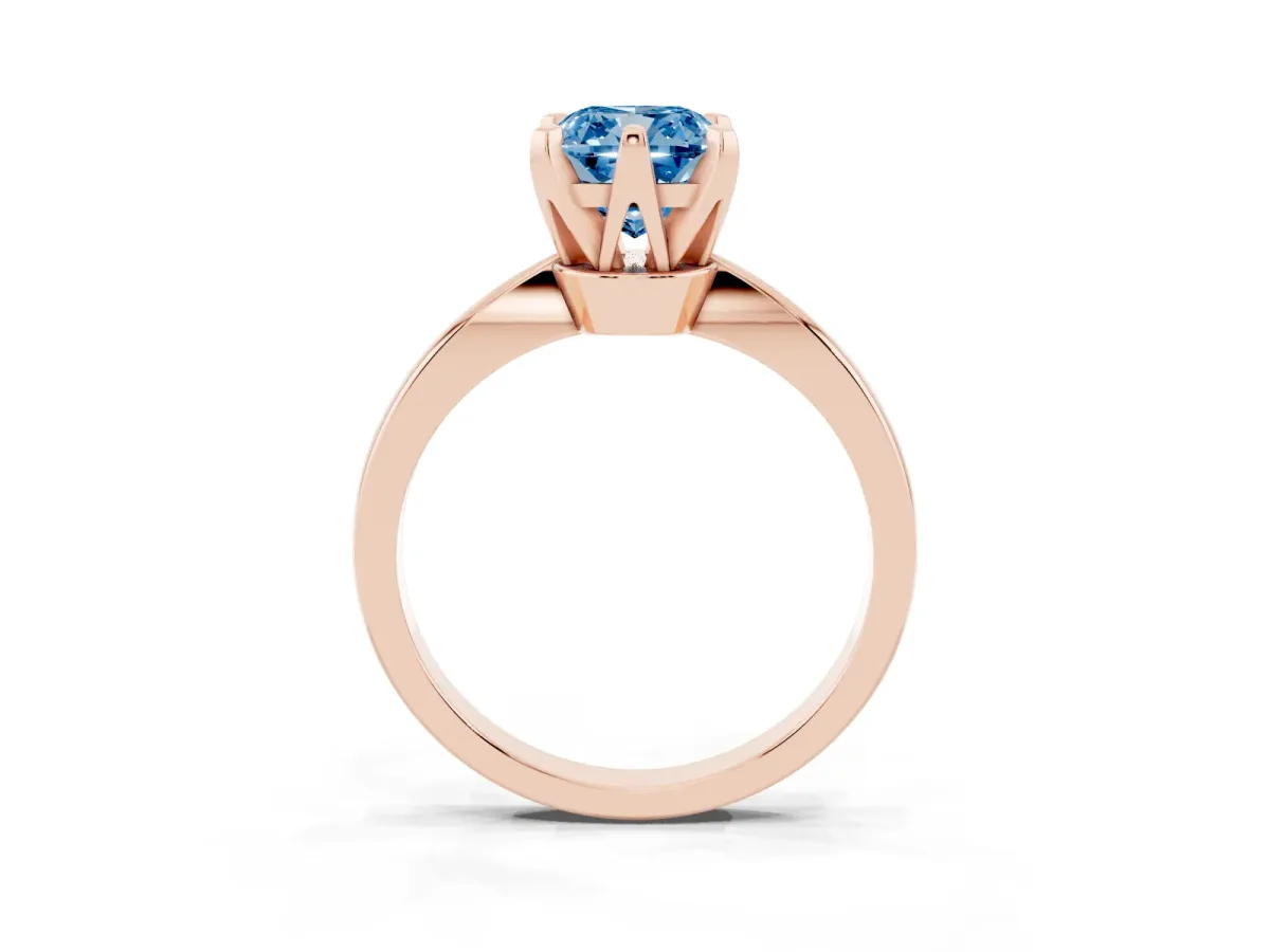 Fancy Blue Cushion Cut Solitaire Engagement Ring with Six-Prong Setting and Tapered Band Rose gold