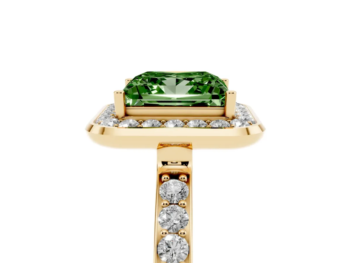 Fancy Green Princess Cut Diamond Halo Ring with Bezel Frame and Pavé Band Yellow gold