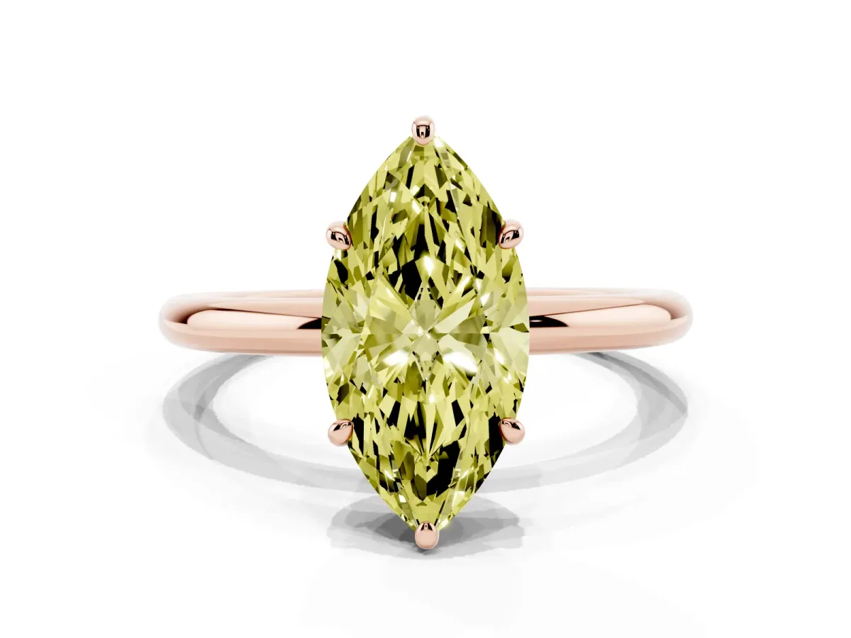 Fancy Yellow Marquise Cut Solitaire Diamond Ring with Four-Prong Setting on a Plain Band Rose gold