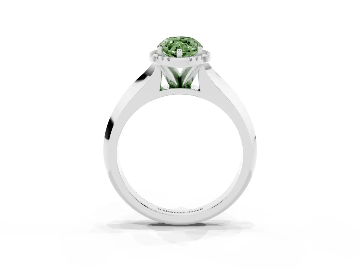 Fancy Green Marquise Cut Halo Diamond Ring with Cathedral Band and Four-Prong Setting Platinum