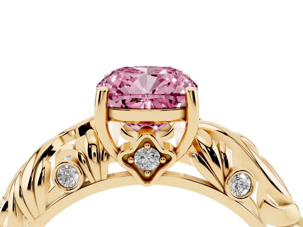 Fancy Pink Cushion Cut Solitaire Diamond Leaf-Inspired Vine Band Ring with Prong Setting Yellow gold