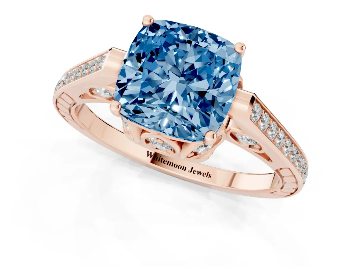 Fancy Blue Cushion Cut Cut Cathedral Pave Diamond Engagement Ring with Six-Prong Setting Rose gold
