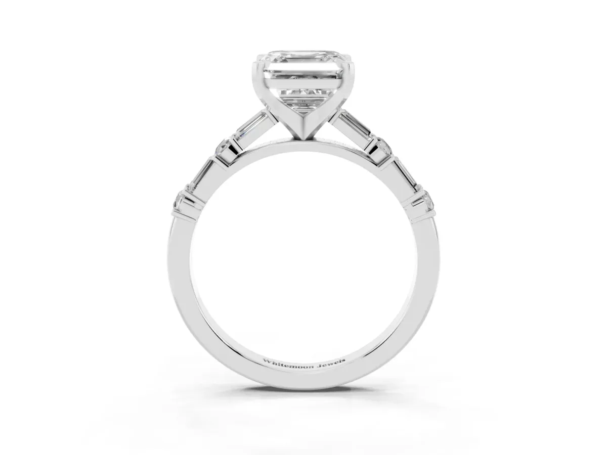 Asscher Cut Diamond Solitaire with Side Baguettes and Channel Set Band Silver