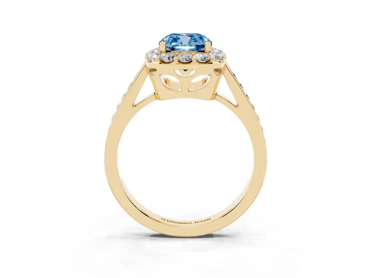 Fancy Blue Cushion Cut Diamond Floral Halo Ring with Pavé Band and Prong Setting Yellow gold
