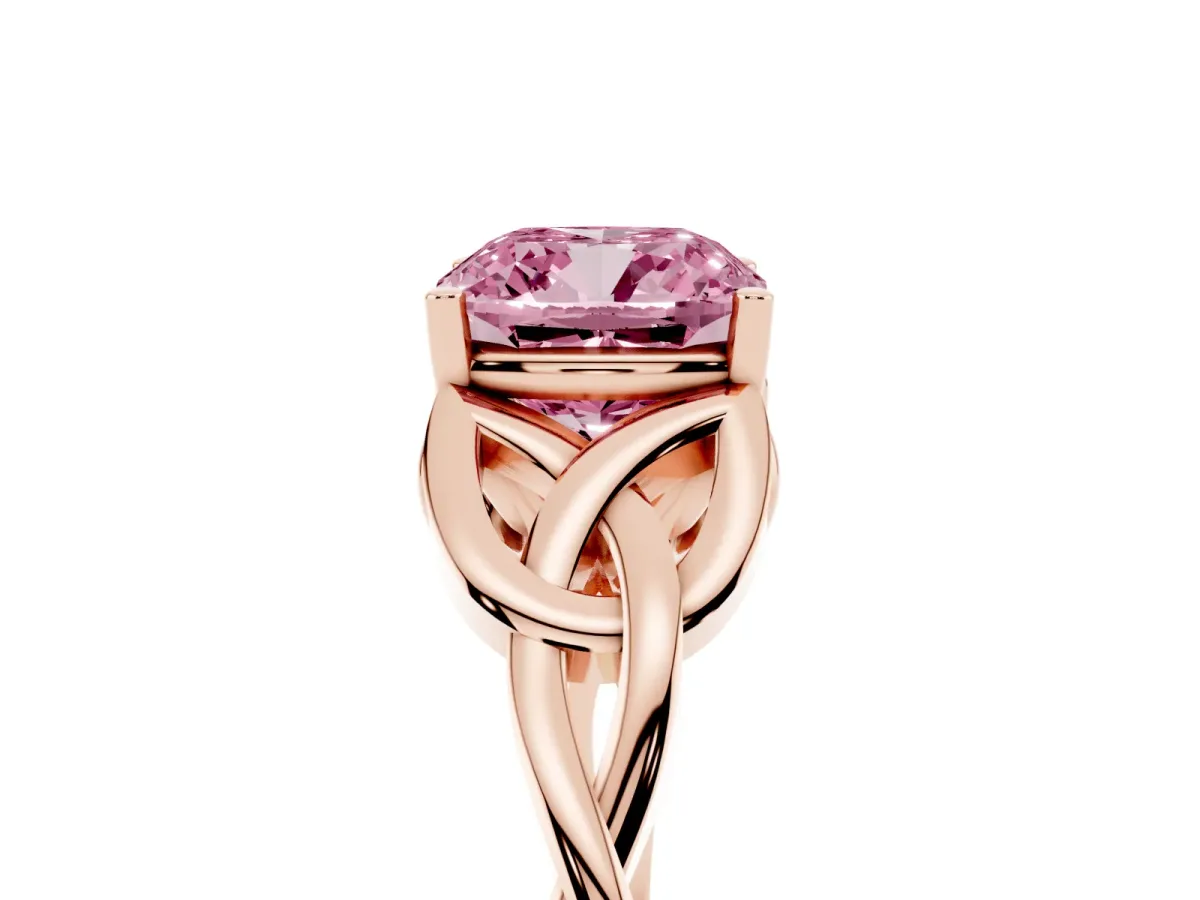 Fancy Pink Cushion Cut Diamond Solitaire Engagement Ring with Celtic Knot Band and Four-Prong Setting Rose gold