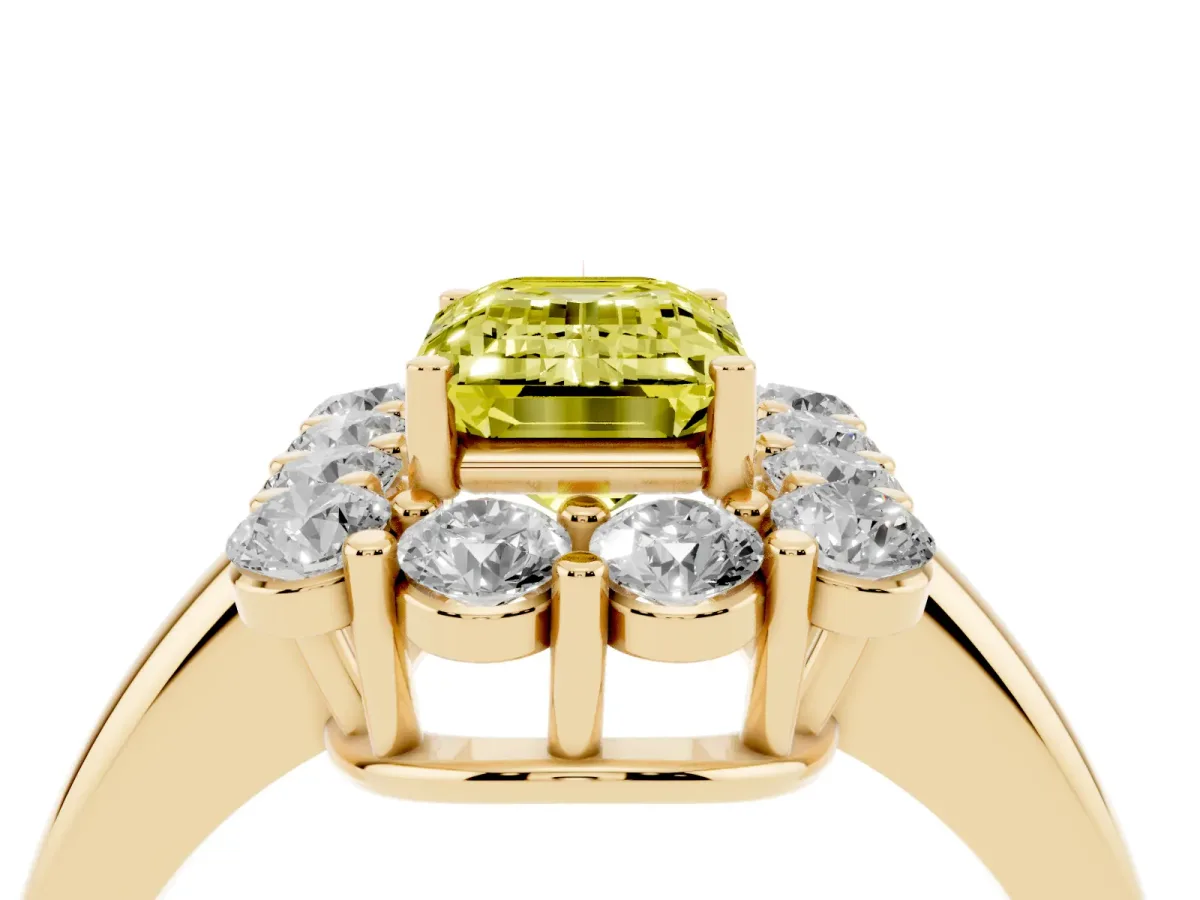 Fancy Yellow Emerald Cut Halo Cluster Diamond Engagement Ring with Prong Setting and Polished Band Yellow gold