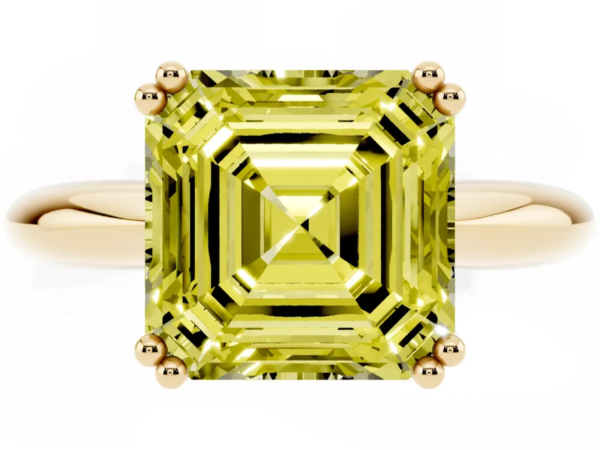 Fancy Yellow Asscher Cut Cut Solitaire Engagement Ring with Tapered Band and Four-Prong Setting Yellow gold