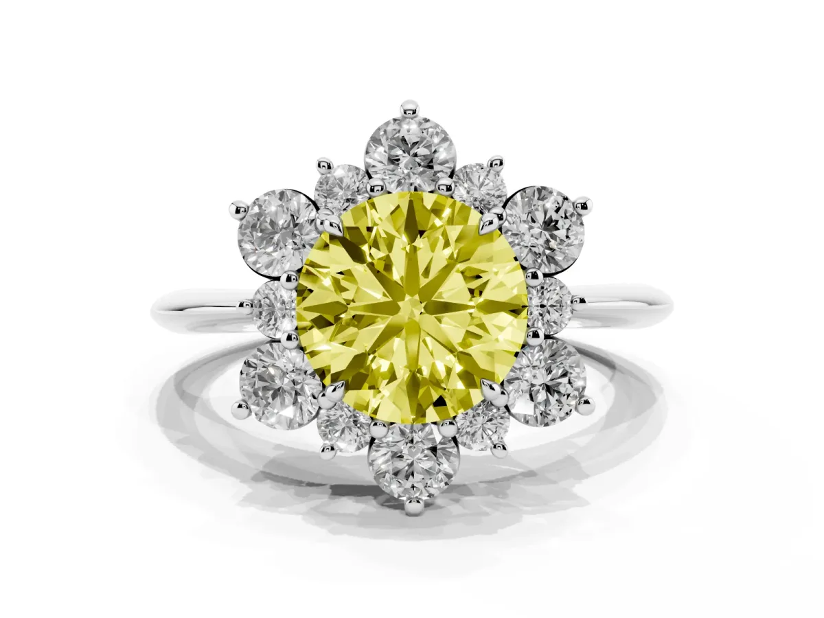 Fancy Yellow Round Cut Diamond Cluster Halo Ring with Solitaire Band and Four-Prong Setting White gold