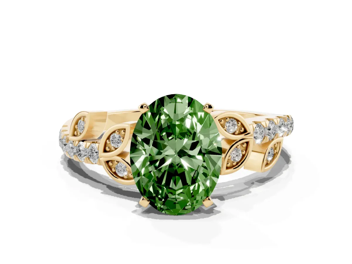 Fancy Green Oval Cut Solitaire Leaf-Inspired Diamond Ring with Pavé Band and Four-Prong Setting Yellow gold