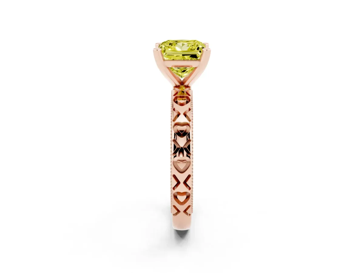 Fancy Yellow Princess Cut Solitaire Diamond Engagement Ring with XO Engraved Band and Four-Prong Setting Rose gold