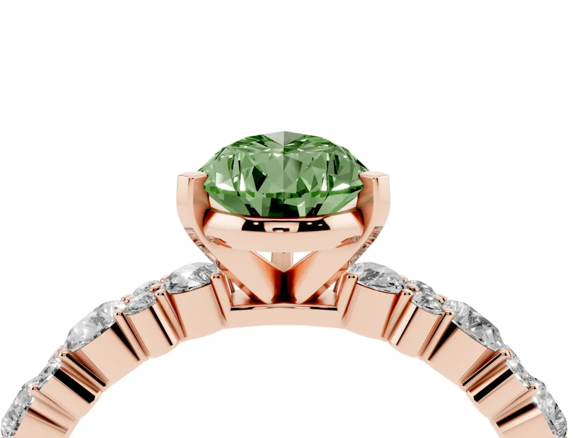 Fancy Green Pear Cut Diamond Side Stone Solitaire Ring with Round and Four-Prong Setting Rose gold