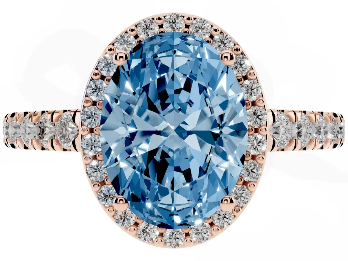 Fancy Blue Oval Cut Cut Halo Diamond Engagement Ring with Pave Band and Four-Prong Setting Rose gold
