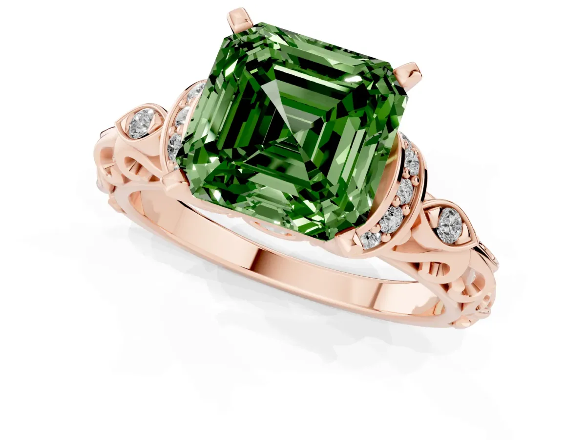 Fancy Green Asscher Cut Diamond Solitaire Ring with Filigree Band and Four-Prong Setting Rose gold