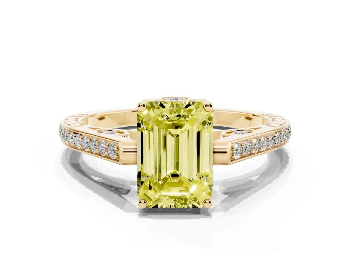 Fancy Yellow Emerald Cut Cut Cathedral Pave Diamond Engagement Ring with Six-Prong Setting Yellow gold