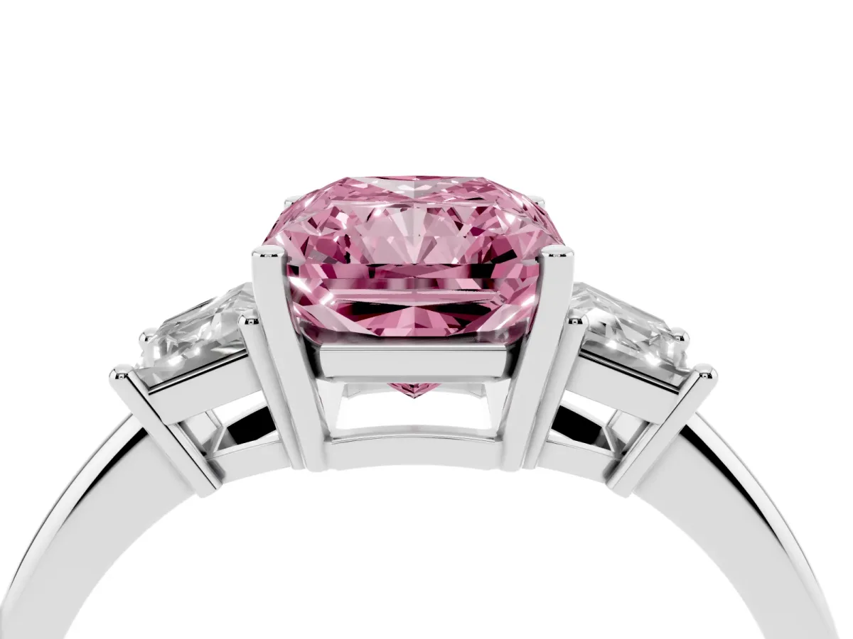 Fancy Pink Radiant Cut Diamond Three-Stone Ring with Trapezoid Side Stones and Prong Setting Silver
